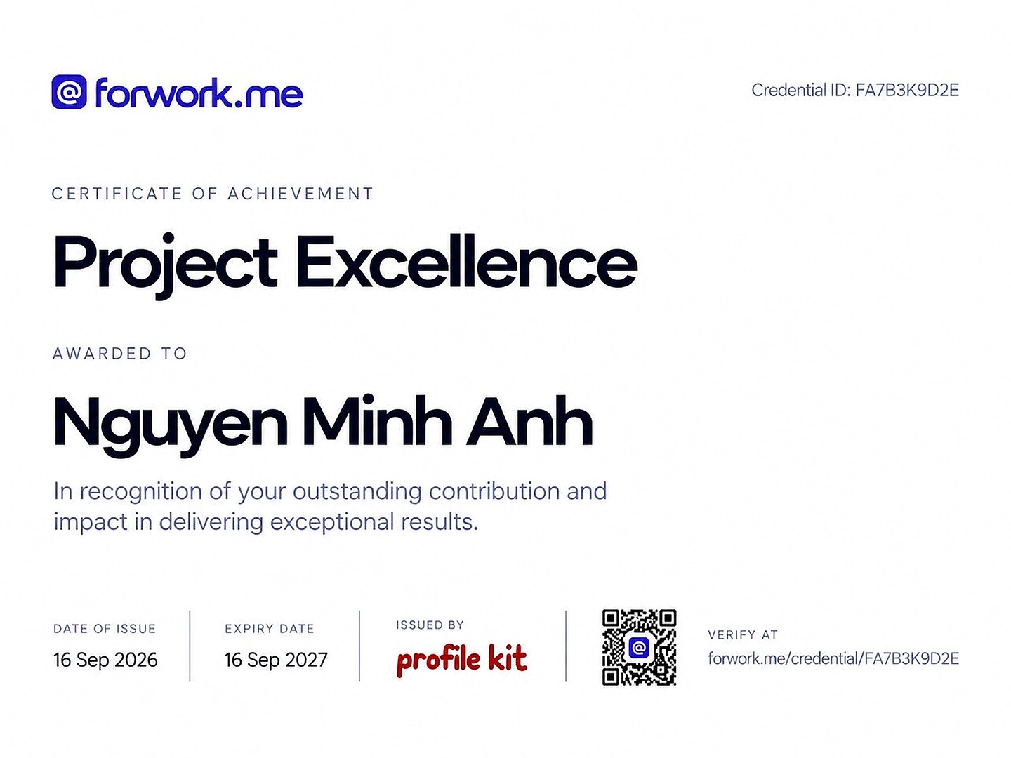 Project Excellence credential certificate with issue, expiry and verification information.
