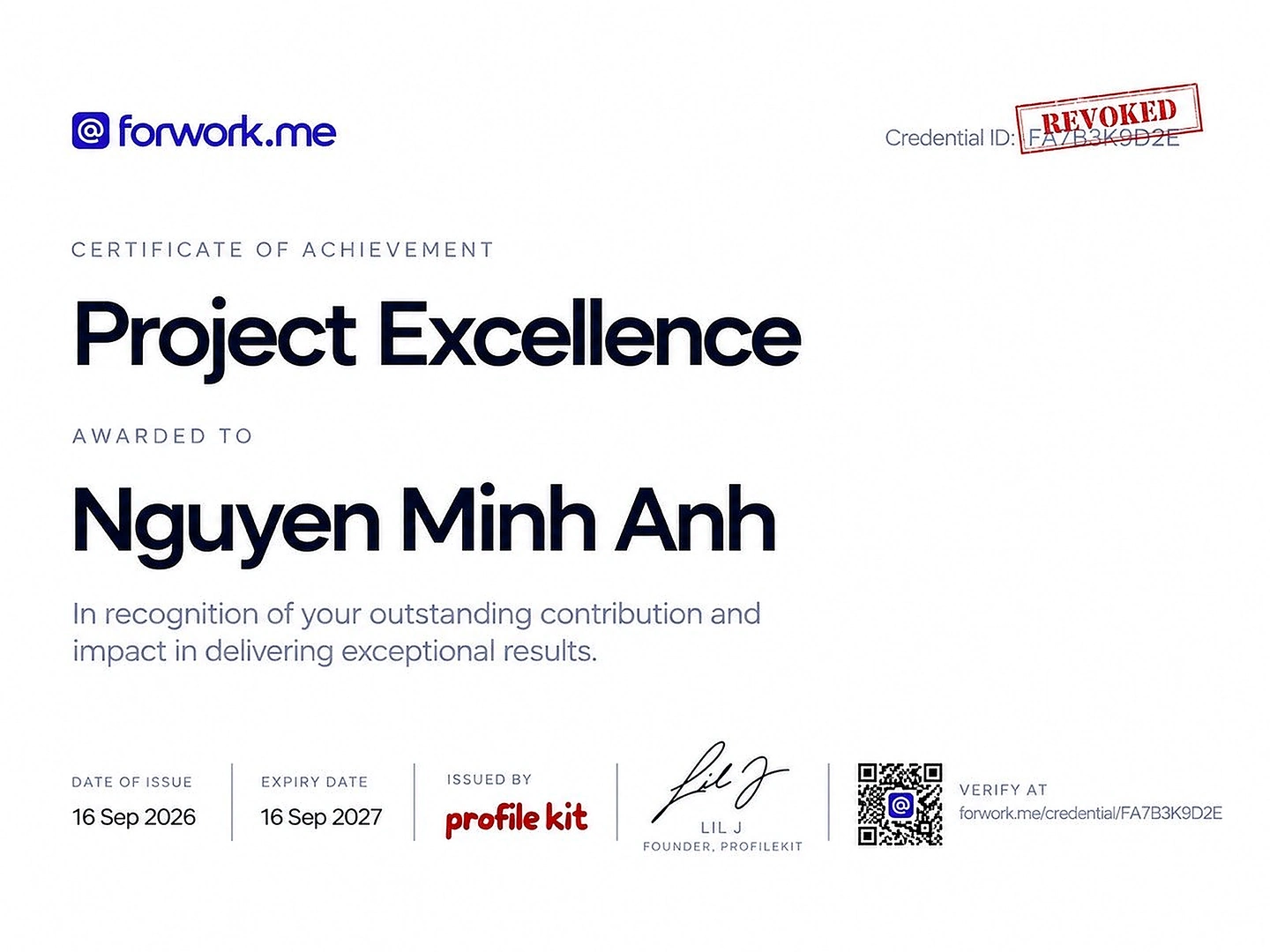 Revoked Project Excellence credential certificate with signature and verification details.